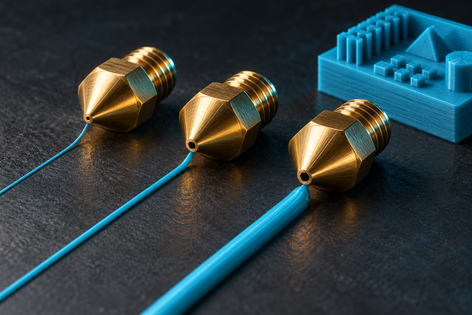 Conceptual macro illustration of brass printer nozzles and different extrusion line widths.