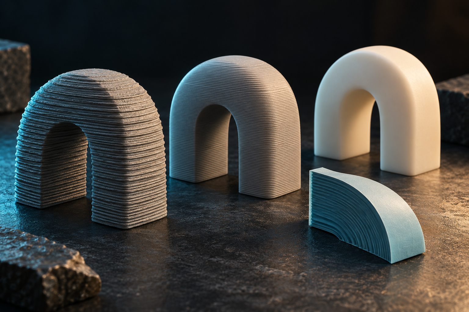 Illustration of arch-shaped samples with coarse layers, finer layers and a smooth finished surface.