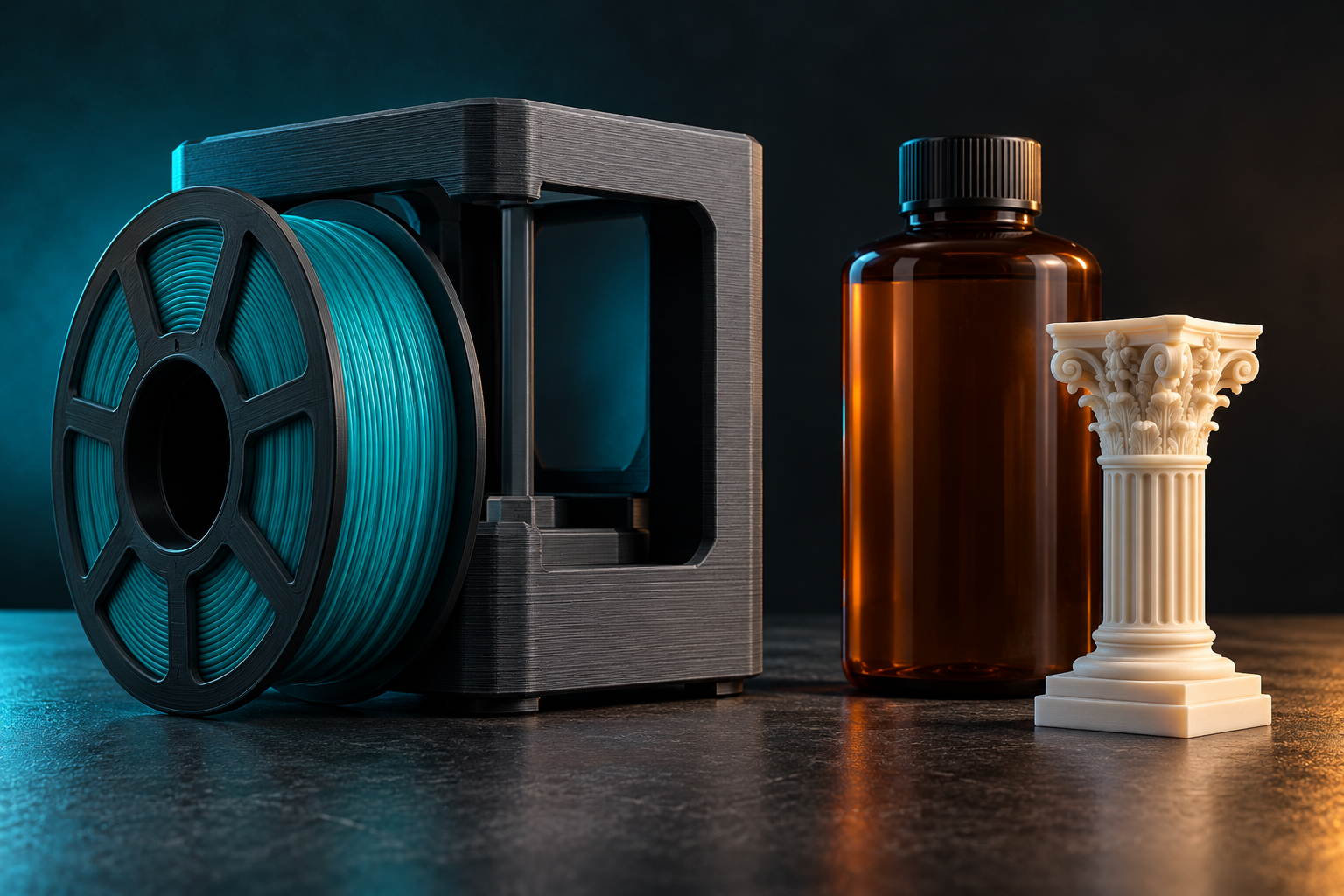 Illustration comparing a filament spool and layered enclosure with a resin bottle and detailed architectural miniature.